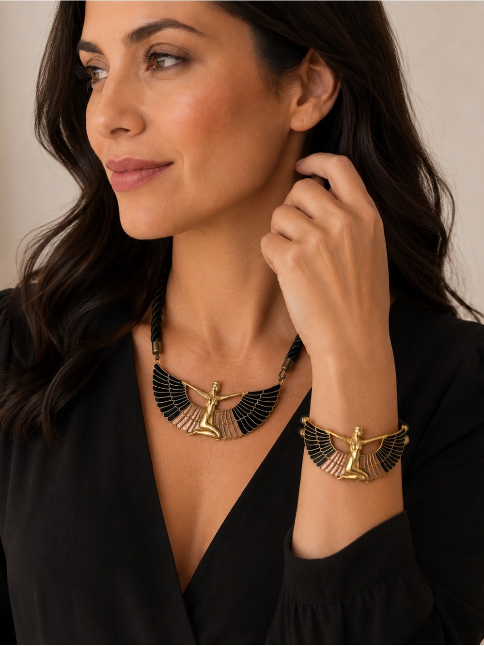 Vintage Egyptian Revival Winged Goddess Necklace – Black & Gold Statement